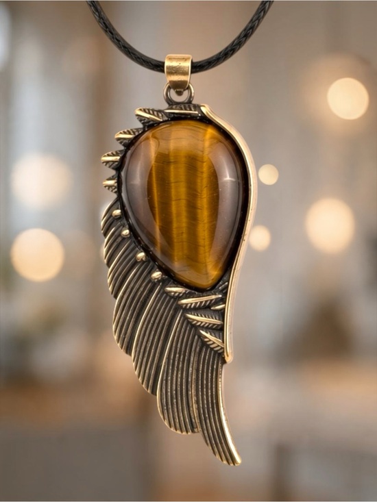 Handmade Jewelry - Tiger Eye Stone Wing Pendant Feather Necklace - Brown Black Silver